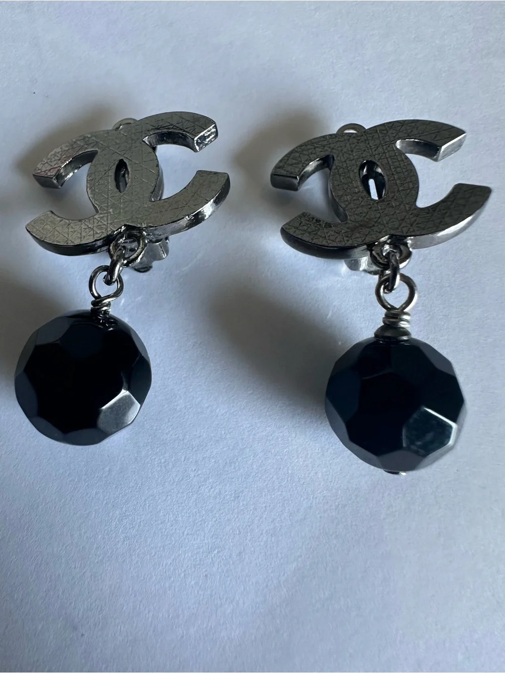 CHANEL A12V Ruthenium CC Black Bead Drop Clip-On Earrings with Box